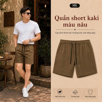 Quần short nam màu Nâu chất liệu Kaki Excool MKCLEVER cạp chun thoáng mát trẻ trung, form trên gối mặc hàng ngày