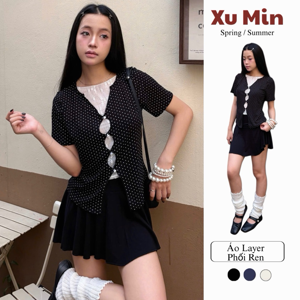 Áo Thun Xu Min Áo Layer Phối Ren Mùa Xuân Hè Thiết Kế Độc Đáo Phong Cách Thời Trang ( Layer Chấm Bi 