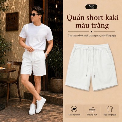 Quần short nam màu Trắng chất liệu Kaki MKCLEVER cạp chun thoáng mát trẻ trung, form trên gối mặc hàng ngày