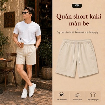 Quần short nam màu Be chất liệu Kaki MKCLEVER cạp chun thoáng mát trẻ trung, form trên gối mặc hàng ngày