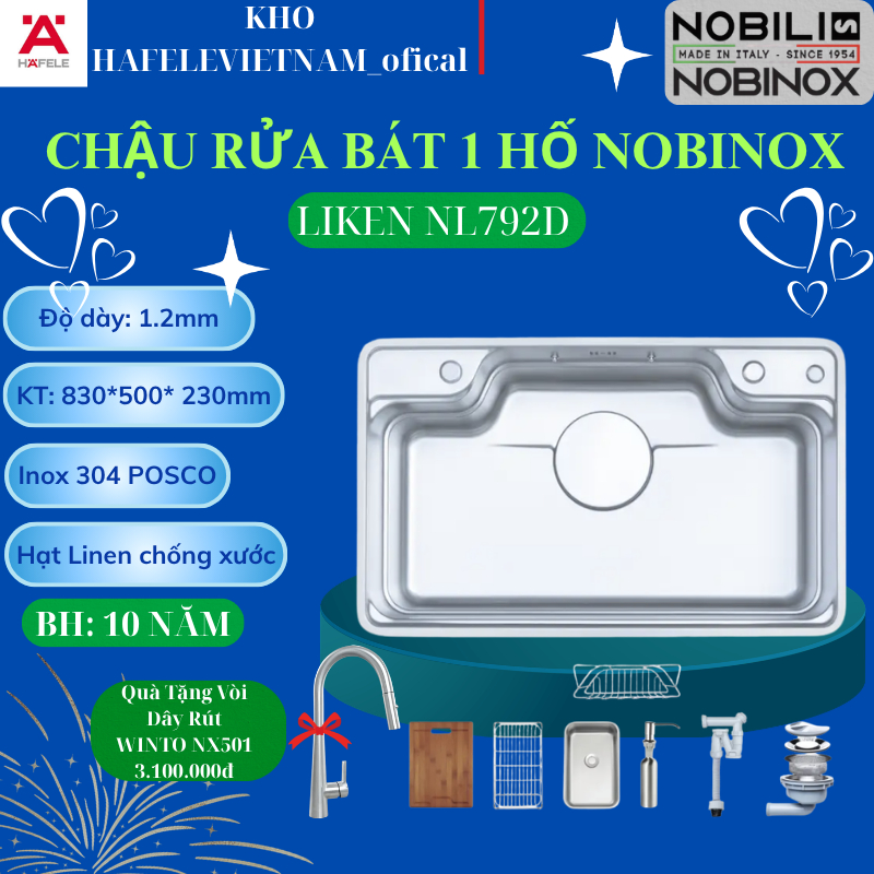 CHẬU RỬA CHÉN BÁT 1 HỐ NOBINOX LIKEN NL792D inox 304 POSCO, bề mặt hạt Linen chống xước