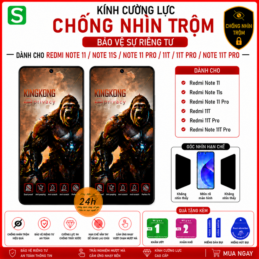Kính Cường Lực Chống Nhìn Trộm KINGKONG Cho Redmi Note 11 / Note 11s / Note 11 Pro / 11T / 11T Pro /