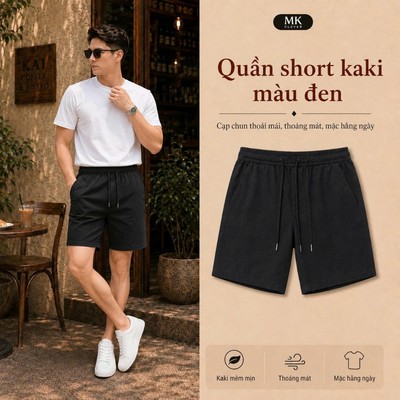 Quần short nam màu Đen chất liệu Kaki Excool MKCLEVER cạp chun thoáng mát trẻ trung, form trên gối mặc hàng ngày