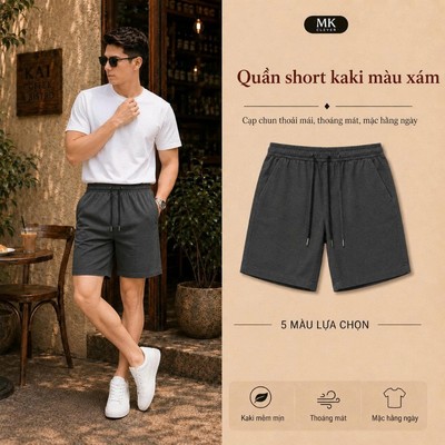 Quần short nam màu Xám chất liệu Kaki Excool MKCLEVER cạp chun thoáng mát trẻ trung, form trên gối mặc hàng ngày
