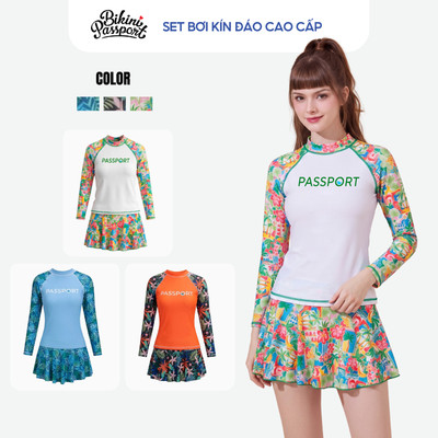Bộ bikini nữ tay dài kiểu váy bảo vệ da đi biển - Bikini Passport - BS358_FLO