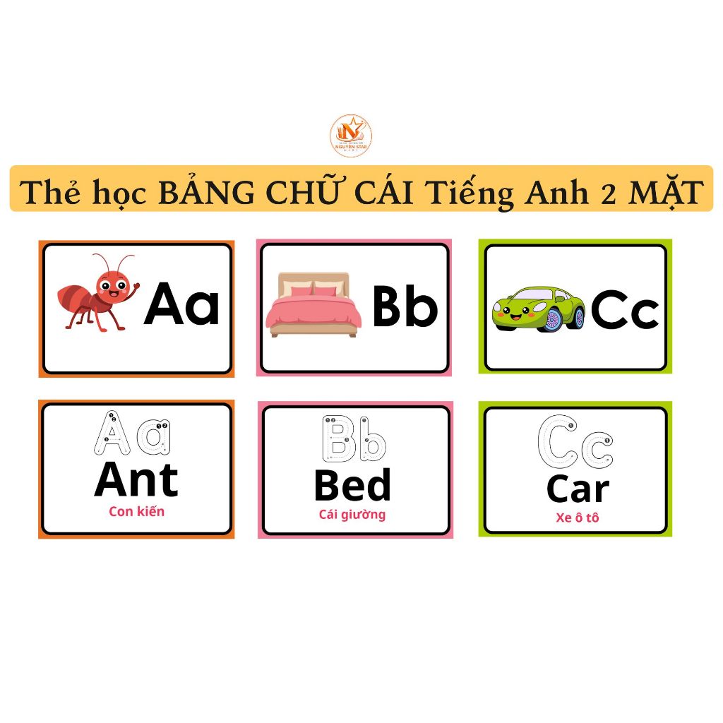 THẺ HỌC TIẾNG ANH BẢNG CHỮ CÁI ABC - 26 Thẻ Flashcard Song Ngữ Bảng Chữ Cái IN 2 MẶT - Ép Plastic - 