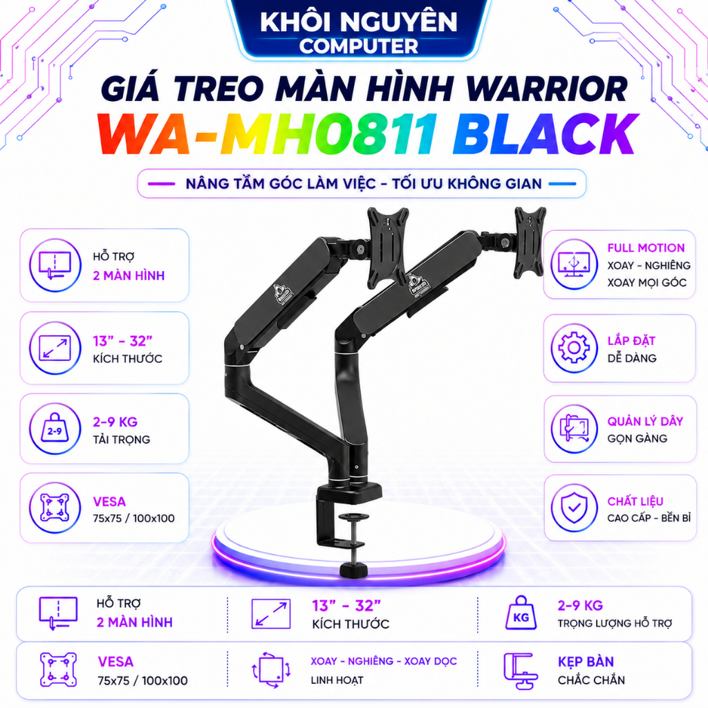 Giá Treo 2 Màn Hình WARRIOR WA-MH0811 Black Arm Dual 13-32 Inch VESA 75x75 100x100 Xoay 180°