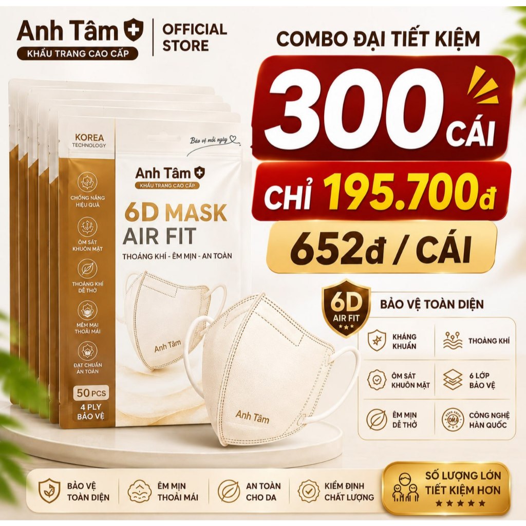 😷 Khẩu Trang Y Tế 6D Anh Tâm Chính Hãng - Combo Đại Tiết Kiệm 300 cái