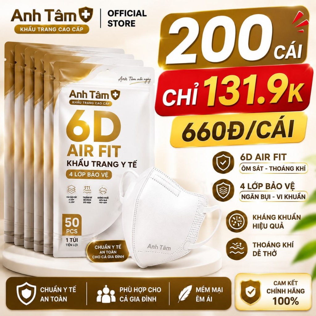 😷 Khẩu Trang Y Tế 6D Anh Tâm Chính Hãng - Combo Gia Đình 200 cái