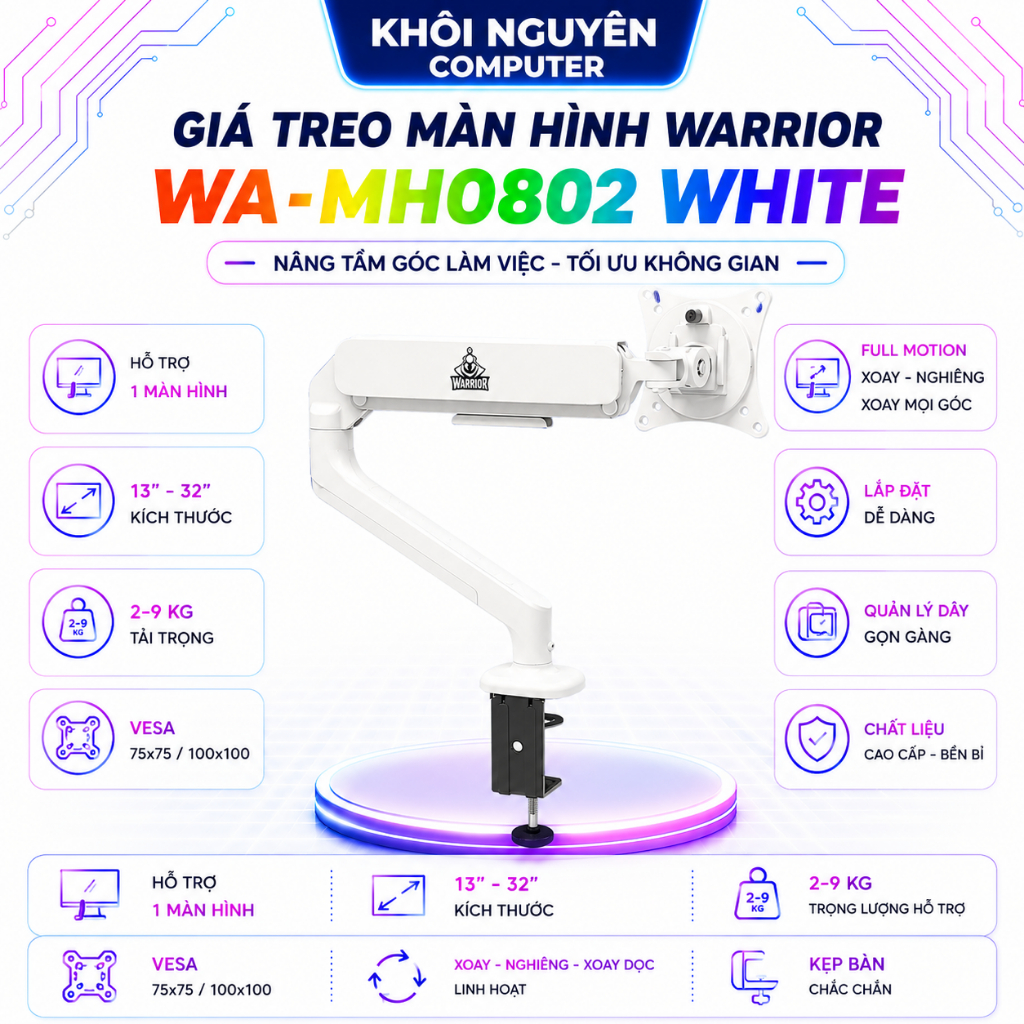 Giá Treo Màn Hình WARRIOR WA-MH0802 White Arm 13-32 Inch VESA 75x75 100x100 Xoay Đa Hướng