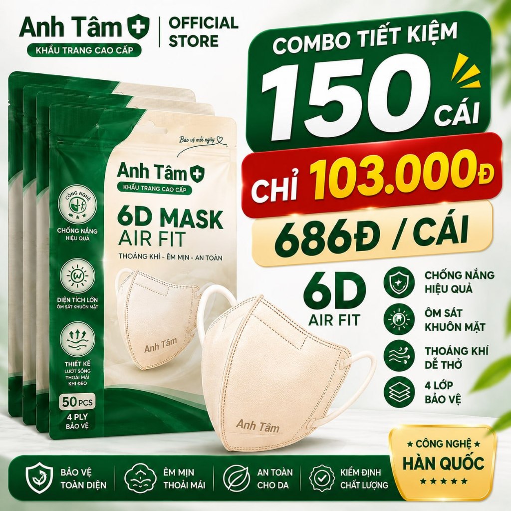 😷 Khẩu Trang Y Tế 6D Anh Tâm Chính Hãng - Combo Tiết Kiệm 150 cái