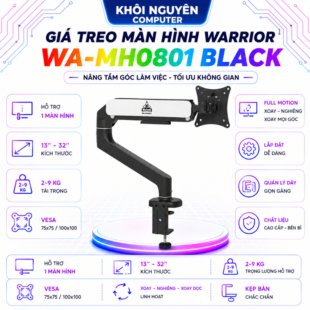 Giá Treo Màn Hình WARRIOR WA-MH0801 Black Arm 13-32 Inch VESA 75x75 100x100 Xoay 180°
