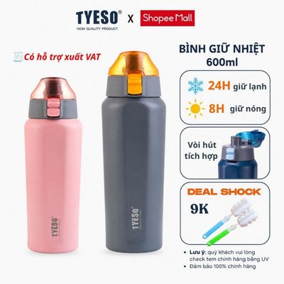 Bình nước giữ nhiệt nắp bật 1 chạm có quai xách ống hút chuẩn tyeso dung tích 600ml giữ lạnh 12h 817