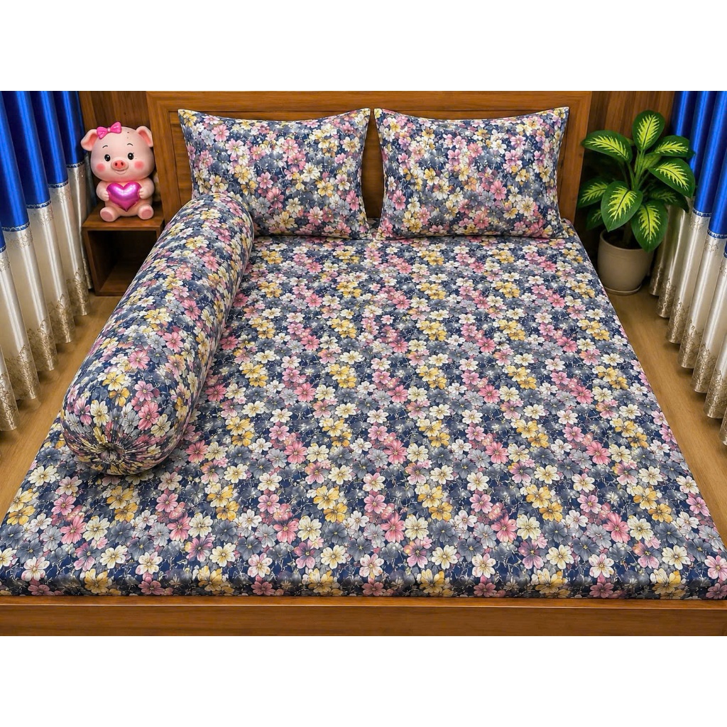 Bộ ga giường thun lạnh Hoa Kết 4 món bọc được nệm 3-12cm