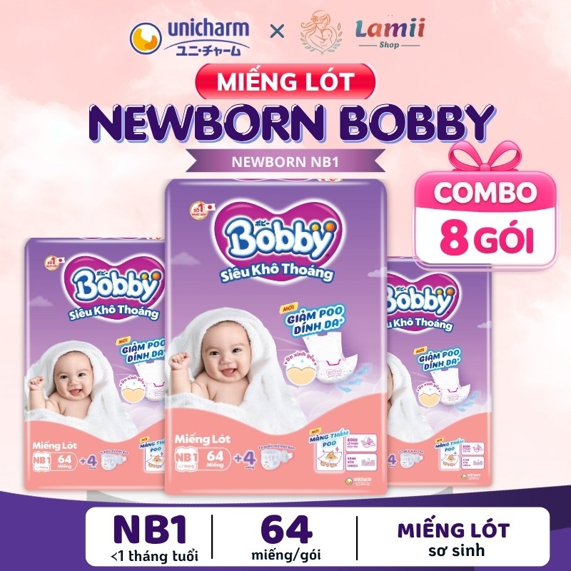 Thùng 8 gói SỈ miếng lót sơ sinh Bobby Newborn thay băng vệ sinh bvs NB1, NB2 gói 28 - 64 - 108M