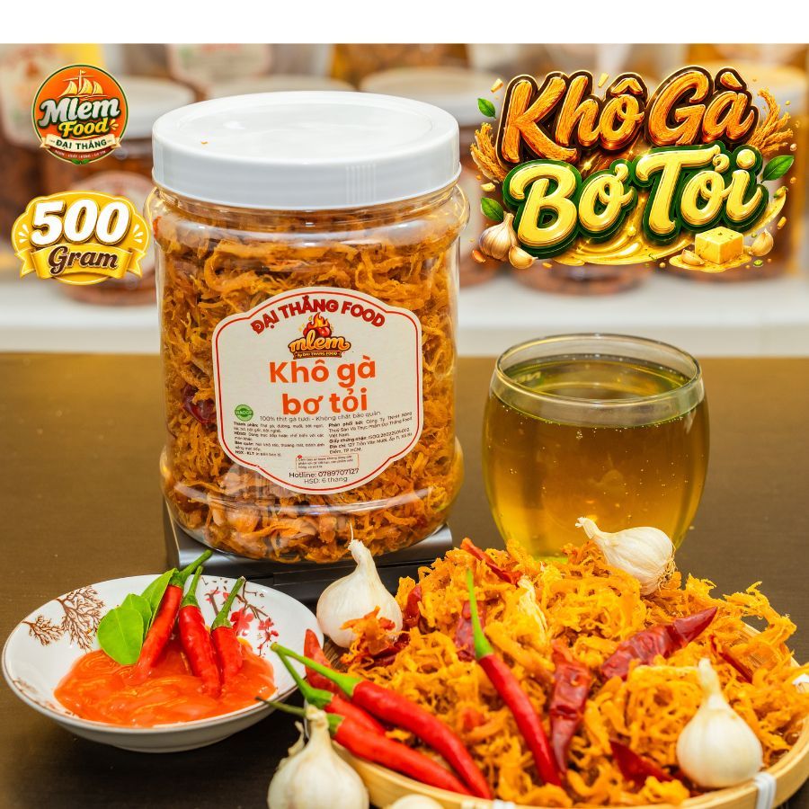 Khô Gà Bơ Tỏi Nguyên Chất Loại 1 | Thịt Gà Xé Sợi Thơm Béo Đậm Vị | Mlem Food Đại Thắng