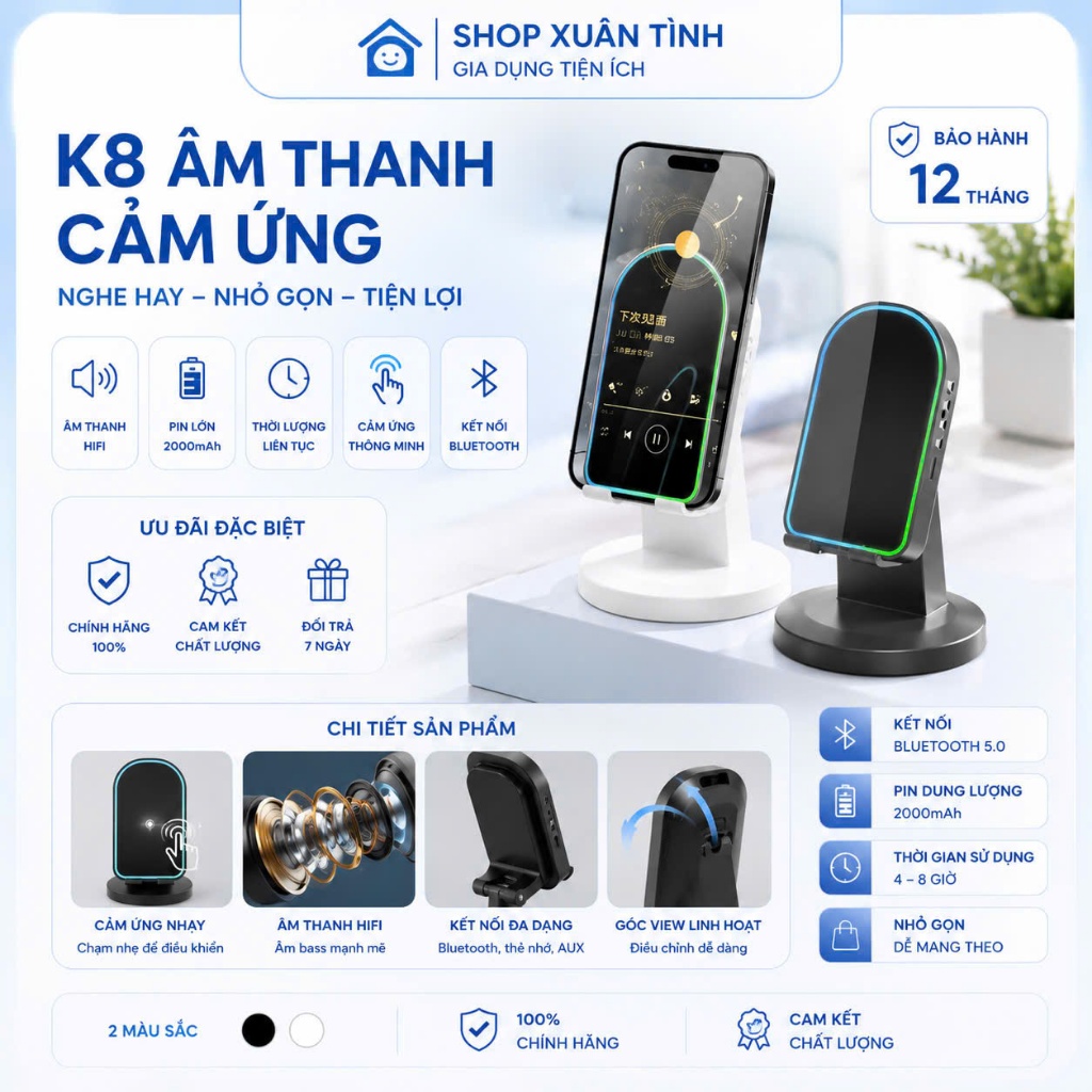 Loa K8 Cảm Ứng Không Dây (3in1) – Giá Đỡ Điện Thoại + Loa Bluetooth + Gương Trang Điểm