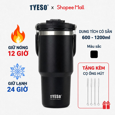Ly giữ nhiệt TYESO mẫu mới màu đen bằng inox304 tay cầm công thái học chống tràn giữ nhiệt 12h