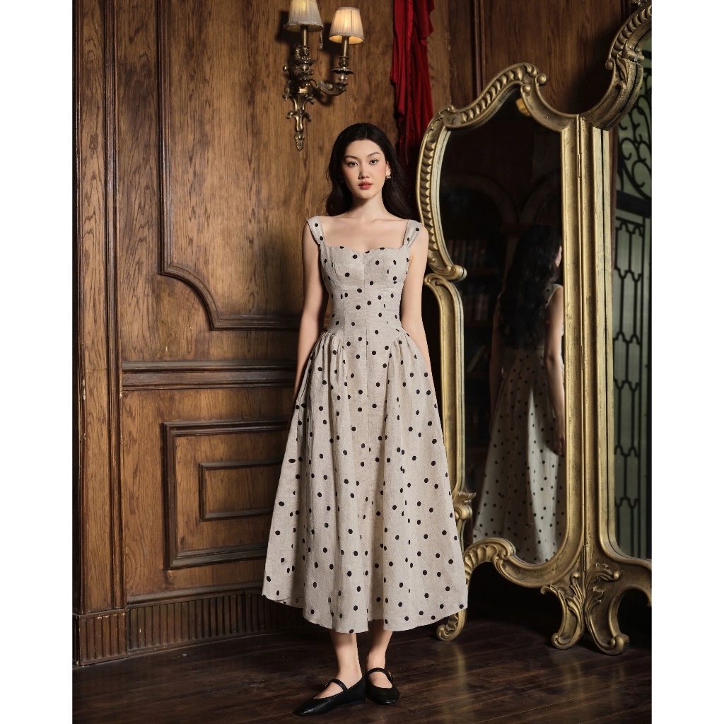 𝗖𝗹𝗼𝘁𝗵𝗲𝘀 𝗕𝗮𝗿 - Diana Dress (Café Polka) | Đầm midi linen chấm bi 2 dây xẻ ngực dáng dài