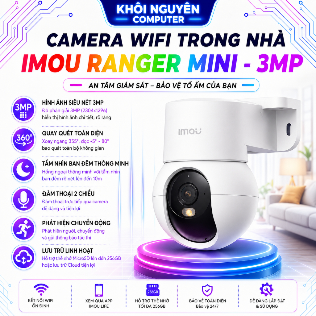 Camera Wifi Imou Ranger Mini K2MP 3MP 2K Trong Nhà Góc Rộng AI Phát Hiện Người Đàm Thoại 2 Chiều