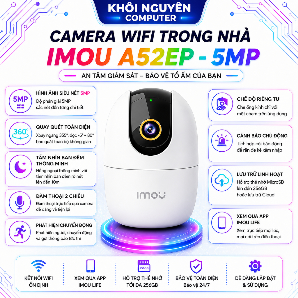 Camera Wifi Trong Nhà Imou A52 5MP 3K Quay Quét 360°, AI Phát Hiện Người, Đàm Thoại 2 Chiều
