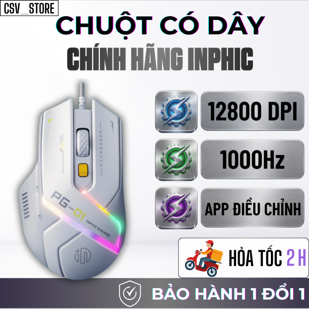 Chuột Gaming Có Dây Inphic PG1 – 12800 DPI, App Tùy Chỉnh, LED RGB Gaming – Bền Bỉ, Chính Xác