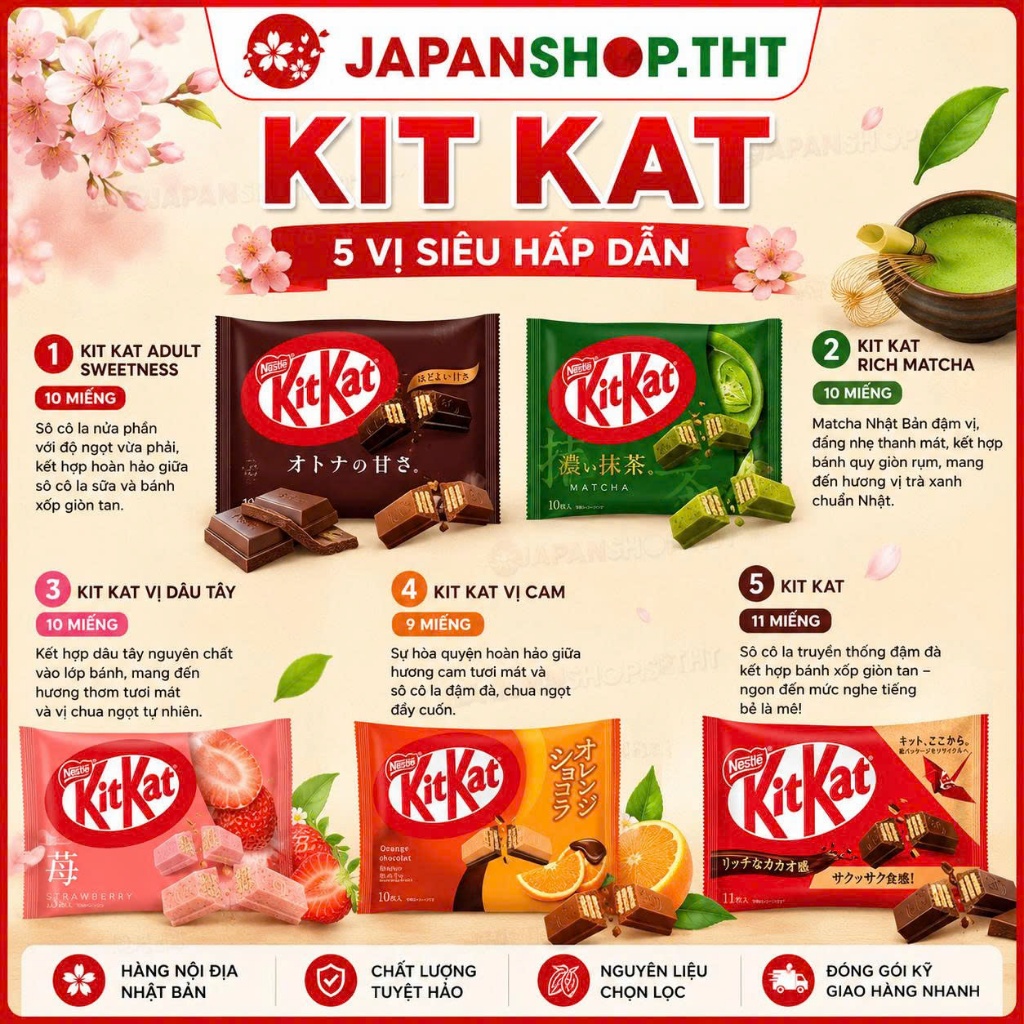 KitKat Nhật Bản Nội Địa Chính Hãng 5 Vị | Matcha, Dâu Tây, Cam, Socola, truyền thống phủ socola cao 