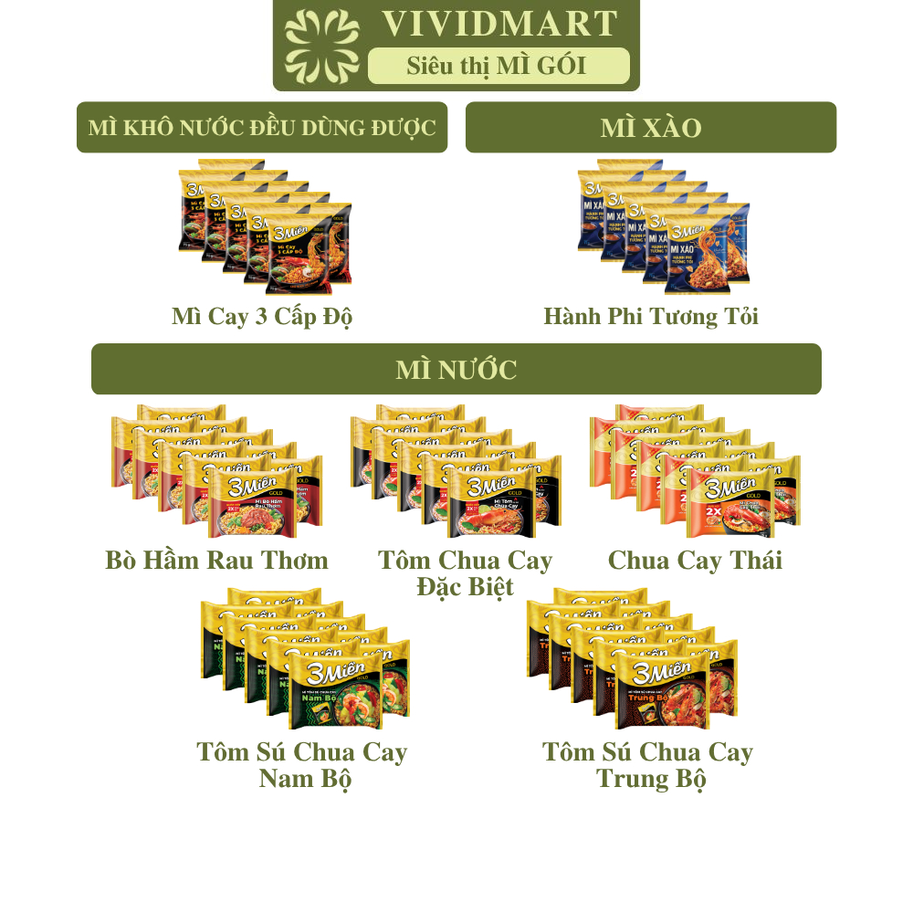 10GÓI UNIBEN Mì 3 Miền Gold 7vị: Tôm chua cay ĐB, Bò rau thơm, Chua cay Thái, 3 cấp độ, Hành phi, Tô