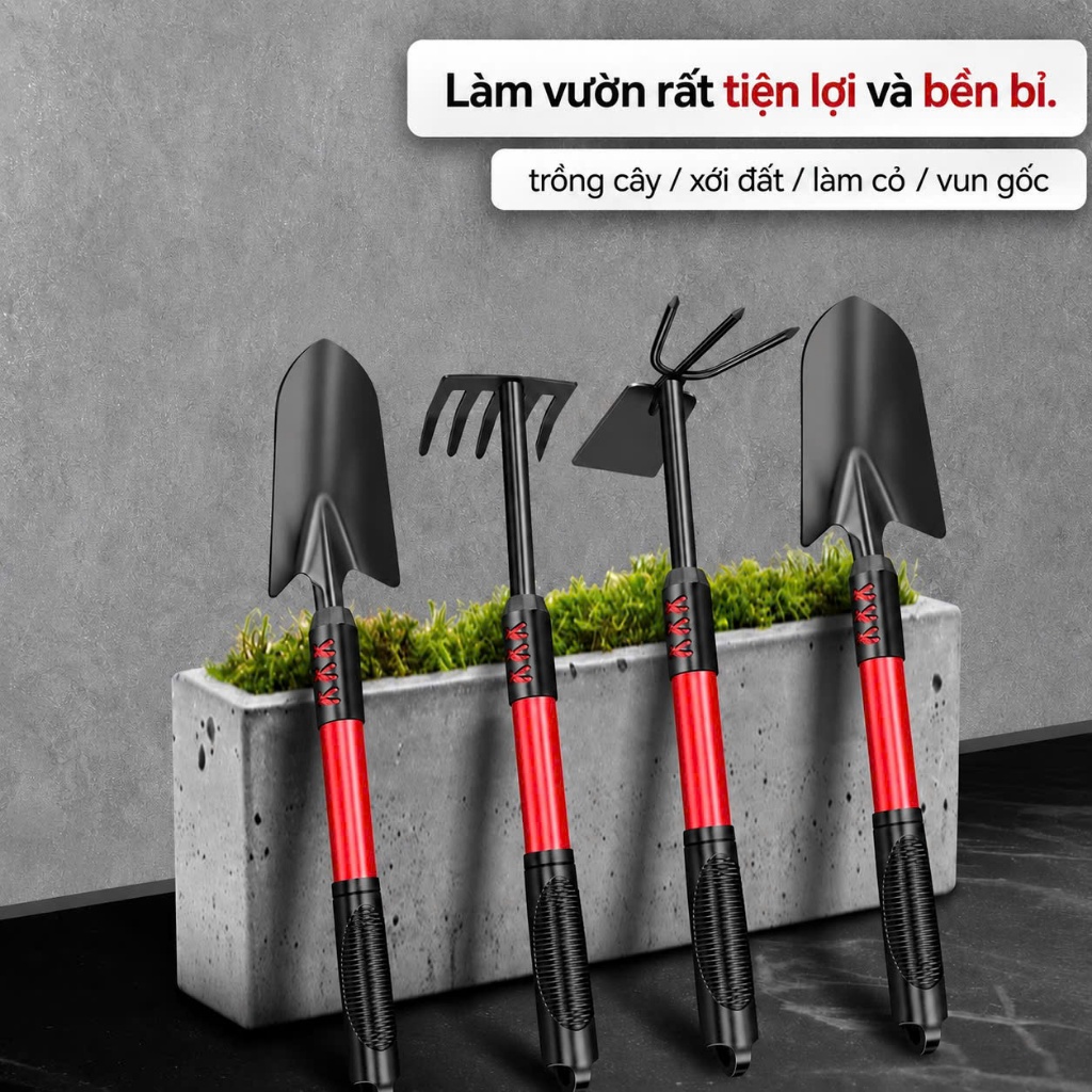 Dụng cụ làm vườn 4 món đa năng, Bộ làm vườn cầm tay gồm 4 món: Xẻng to, Xẻng nhỏ, Cuốc 2 đầu, Cào 5 