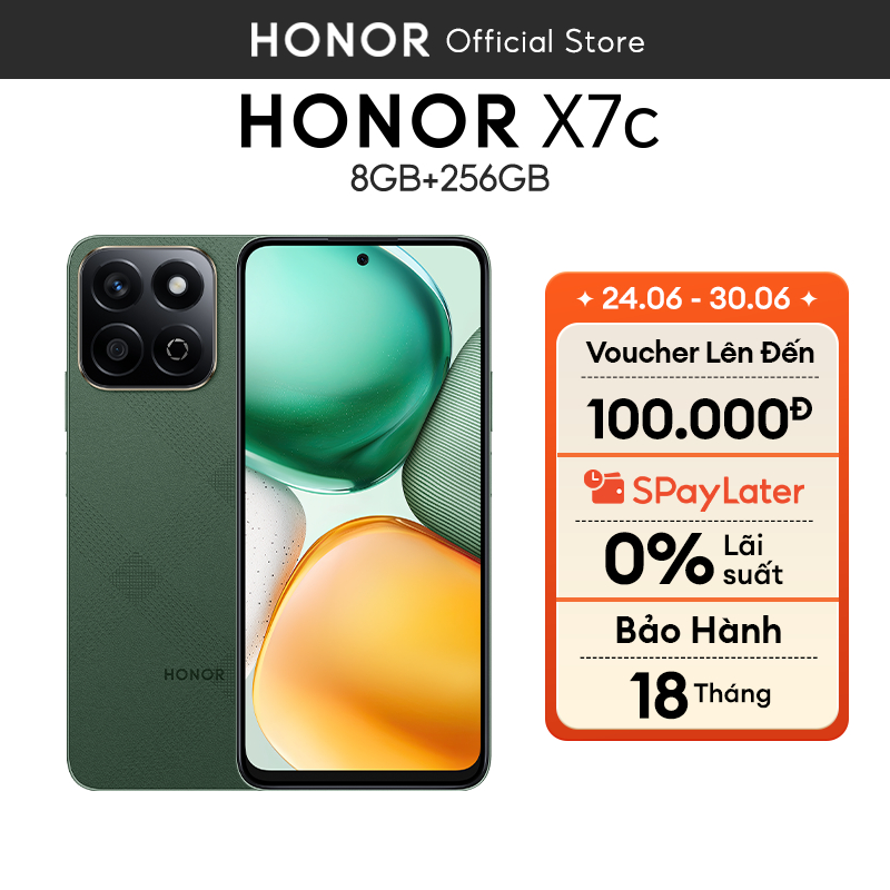 Điện thoại di động Honor X7c 8GB + 256GB | Pin 6000mAh | Camera 108MP| Loa kép | Kháng nước IP64 | BH 18 Tháng