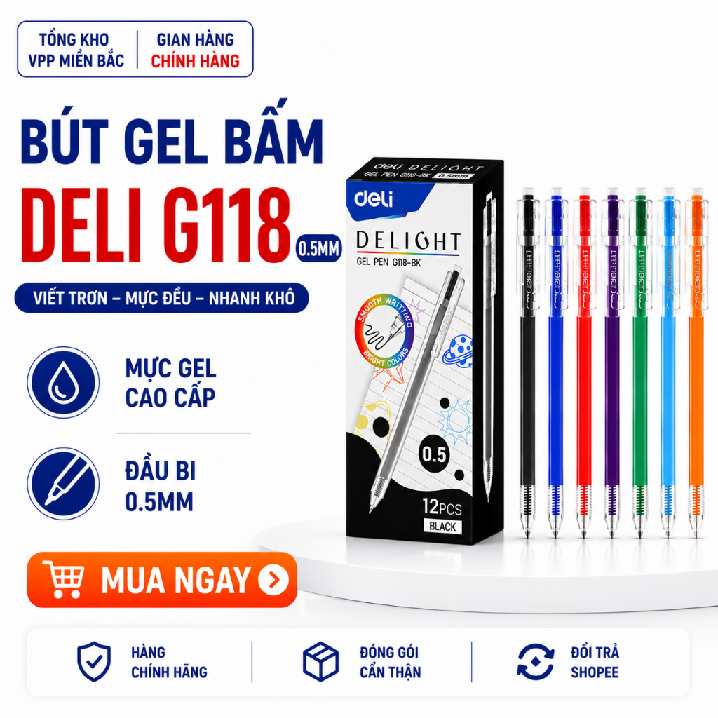 Hộp 12 bút gel bấm nhiều màu 0.5mm Deli G118 / EG 118 xinh xắn nhanh khô viết đều trơn ruột S206