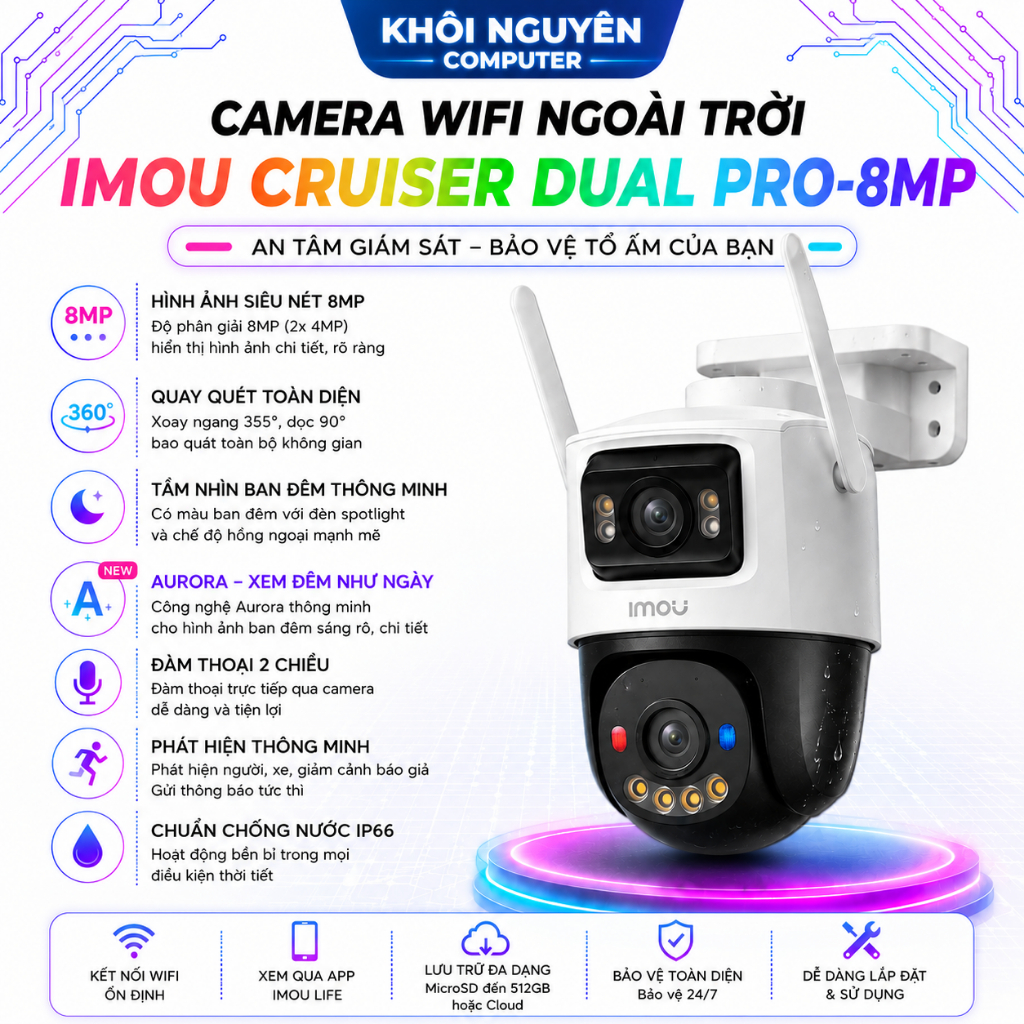 Camera Wifi Imou Cruiser Dual Pro 8MP S7XFP Aurora 2 Mắt Quay Quét Ngoài Trời Xem Đêm Siêu Sáng AI