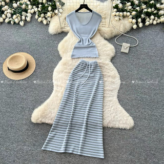 #4869 [Sẵn một số mẫu] Set len dệt thời trang nữ Quảng Châu gồm áo tay ngắn + chân váy lưới có lót trong 3 màu