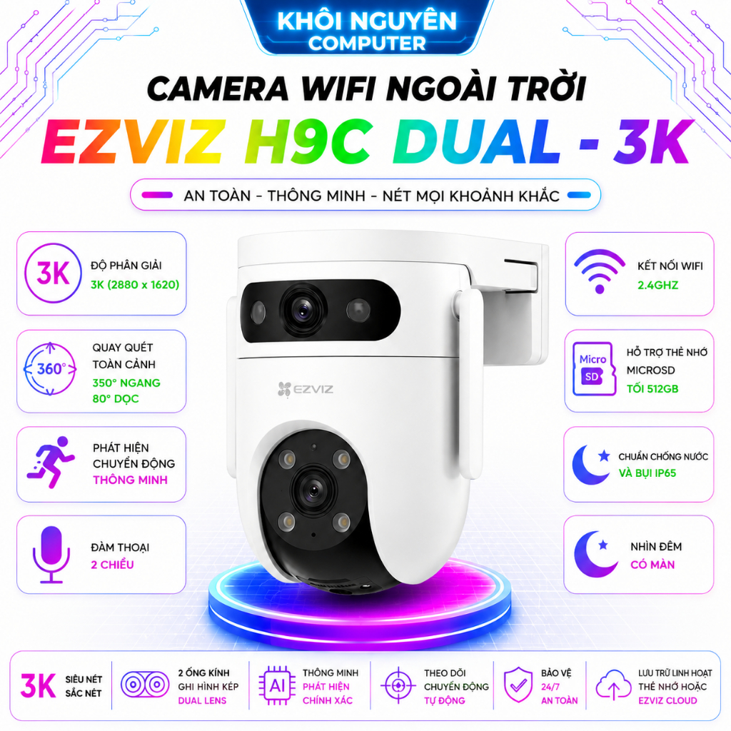 Camera Wifi Ngoài Trời EZVIZ H9C Dual 3K Quay Quét 360° - Camera An Ninh 2 Ống Kính AI Theo Dõi
