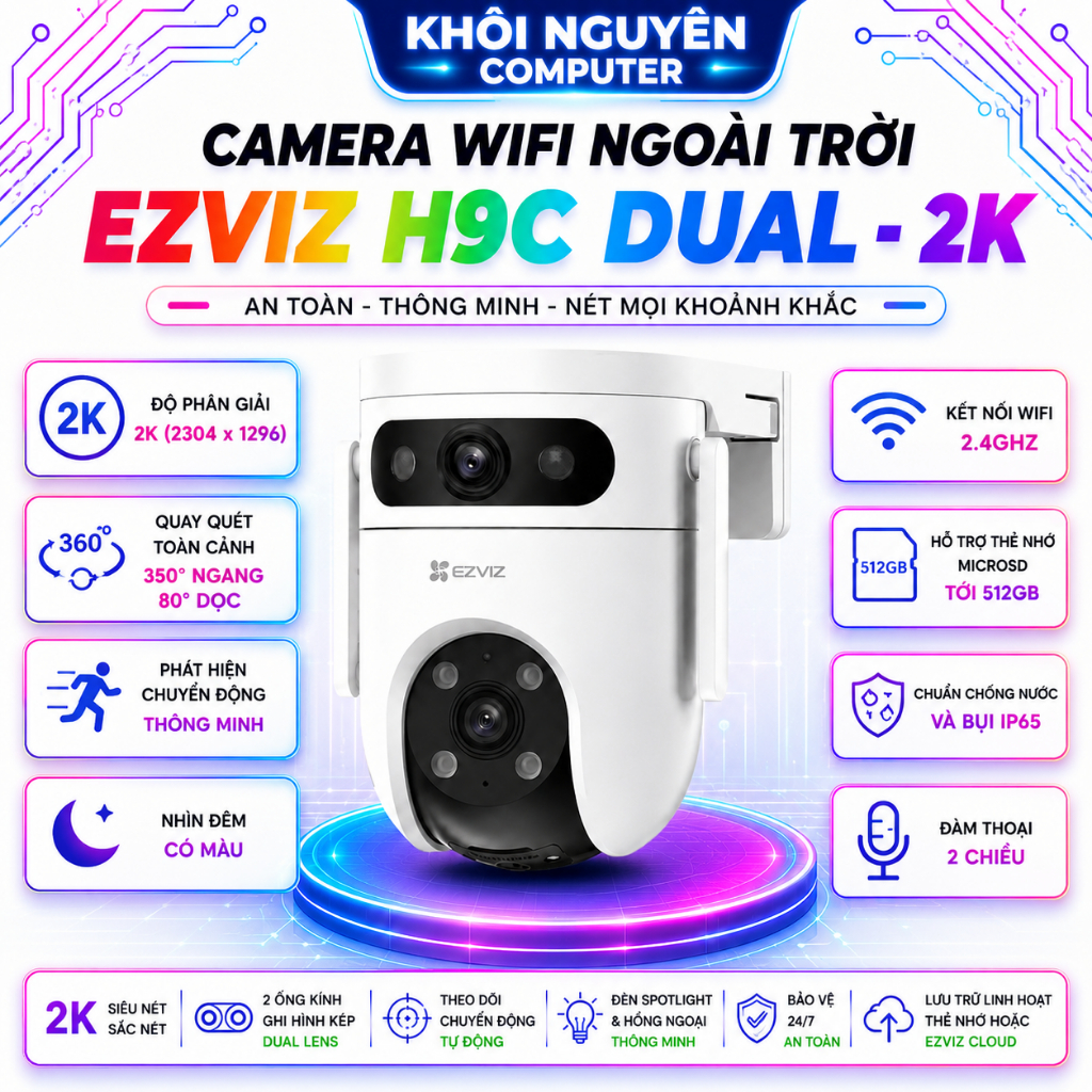 Camera Wifi Ngoài Trời EZVIZ H9C Dual 2K Quay Quét 360° AI Phát Hiện Người, Đàm Thoại 2 Chiều