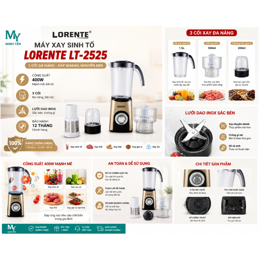 Máy Xay Sinh Tố Lorente LT-2525 3 Cối Đa Năng 400W Xay Thịt Xay Hạt Xay Sinh Tố Chính Hãng