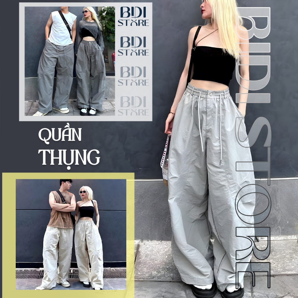 Quần thụng harem cạp cúc bấm nam nữ BIDI-Store_Clothing - Quần parachute kaki dáng thụng hot trend-A