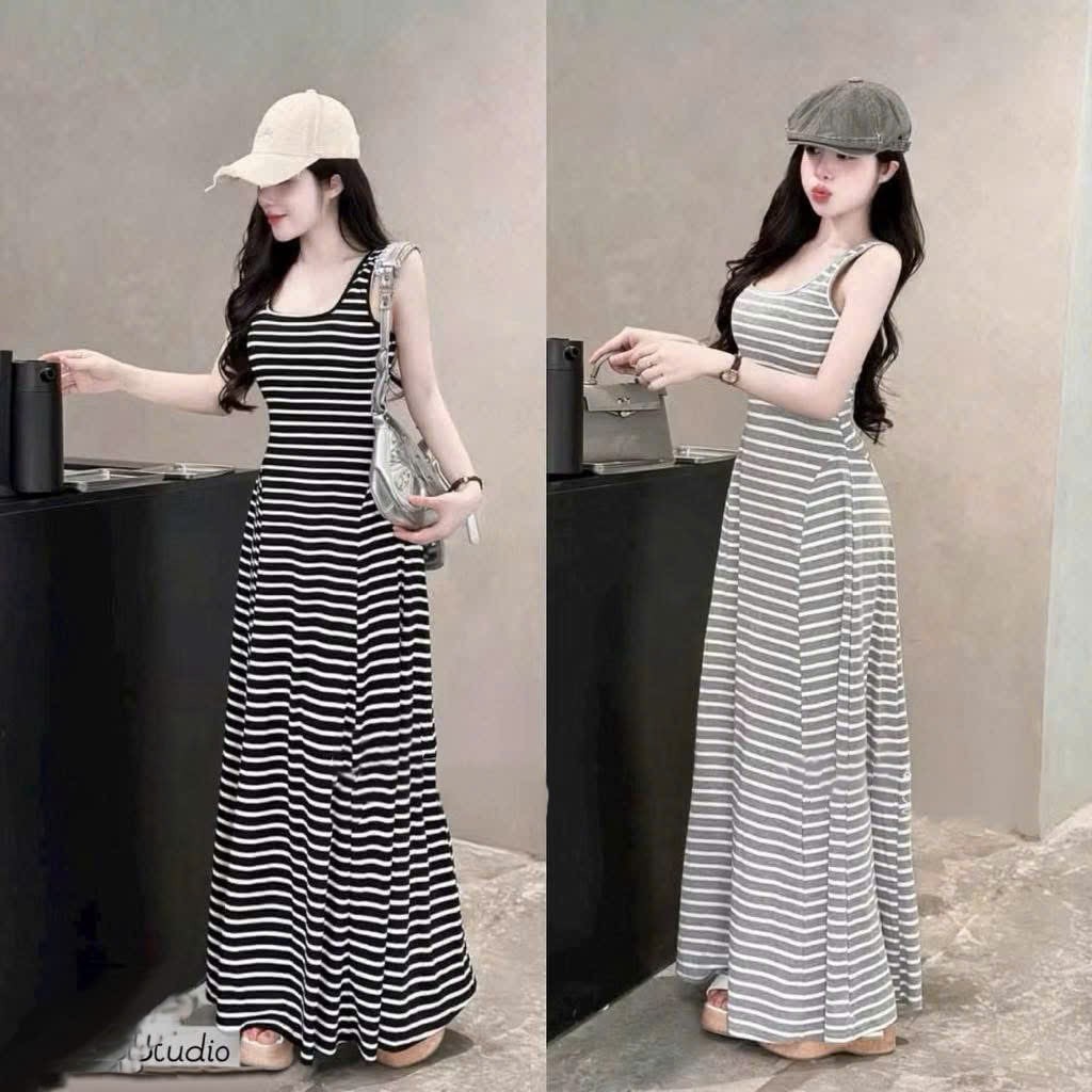 D43 [ MẪU MỚI] Đầm Sọc 3 Lỗ Phom Dáng Dài Siêu Tôn Dáng