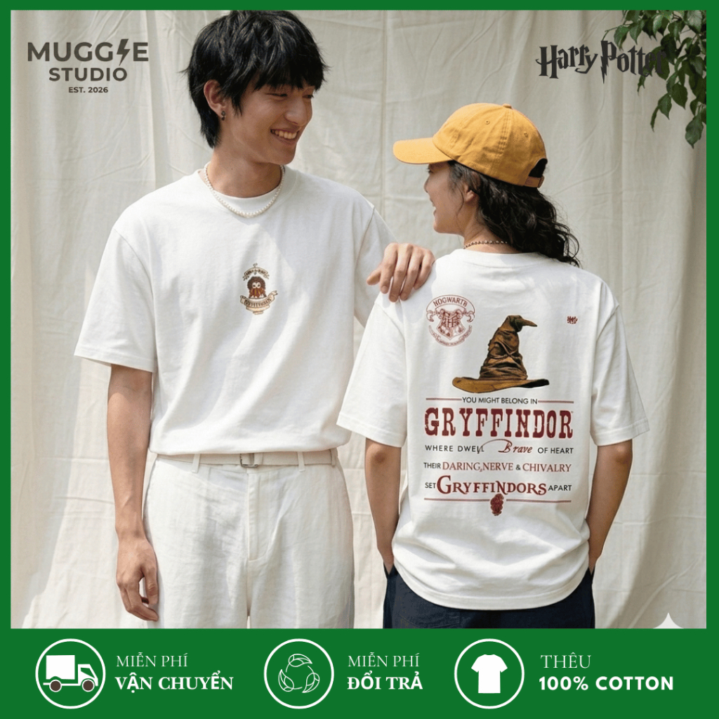 MUGGLE Áo Thun Oversize Gryffindor Thêu Ngực In Lưng Harry Potter Form Rộng Unisex Nam Nữ