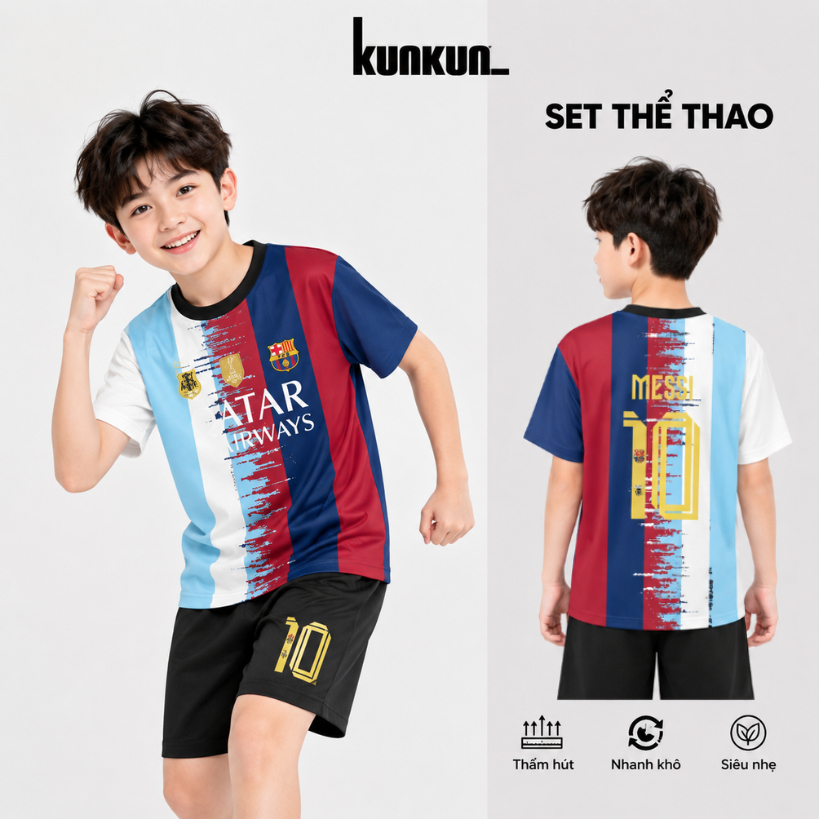 (20kg - 60kg) Bộ Quần Áo Đá Banh Trẻ Em Messi - Đồ Bộ Thể Thao Bé Trai Vải Polyester Thoáng Mát - Ku