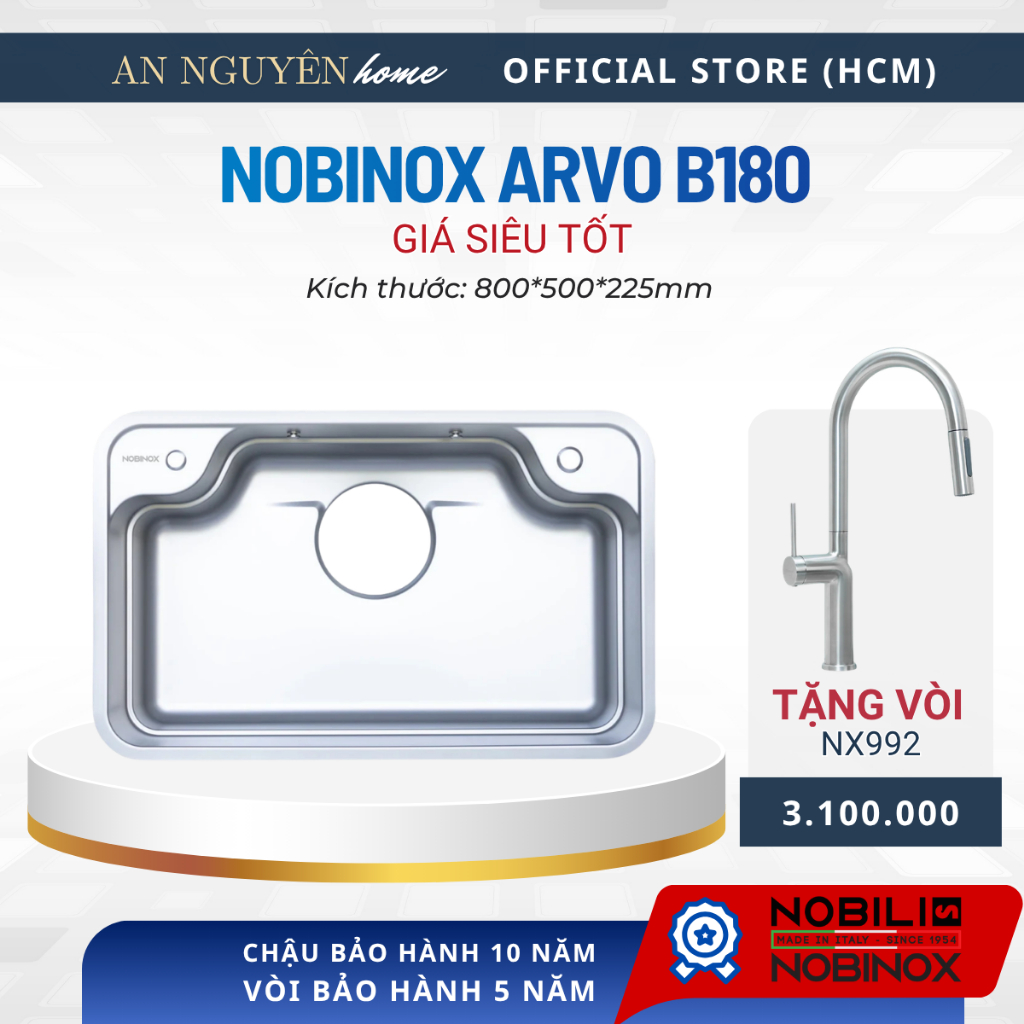 Chậu Nobinox 1 hố Arvo B180 mã mới nhất + vòi