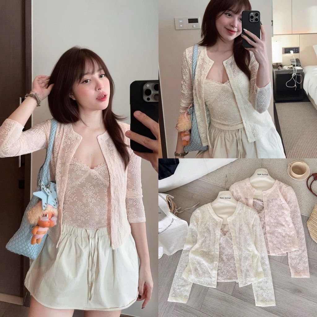 Set ren hoa nổi 2 món, Áo hai dây ren ngực cổ V sexy kèm áo cardigan LOVELY TOP