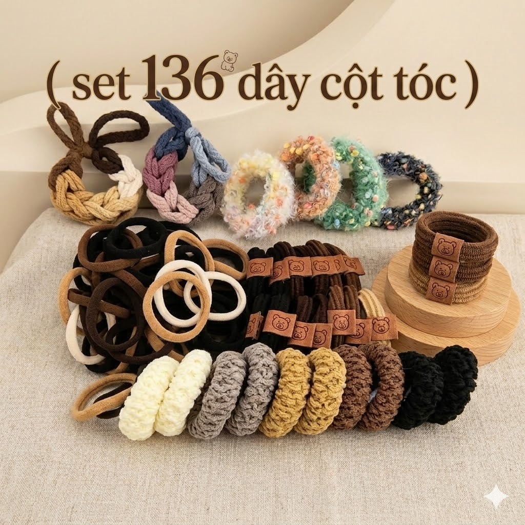 Set 136 Dây Chun Buộc Tóc Nhiều Loại - Thun Cột Tóc Đuôi Ngựa Nhiều Kiểu MIYUNA