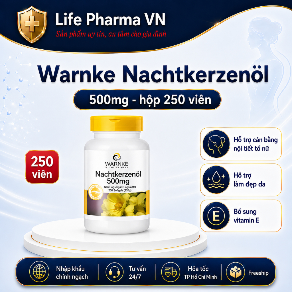 Warnke Nachtkerzenöl 500mg 100 Viên Tinh Dầu Hoa Anh Thảo Nhập Khẩu Đức, Hỗ Trợ Sức Khỏe Phụ Nữ