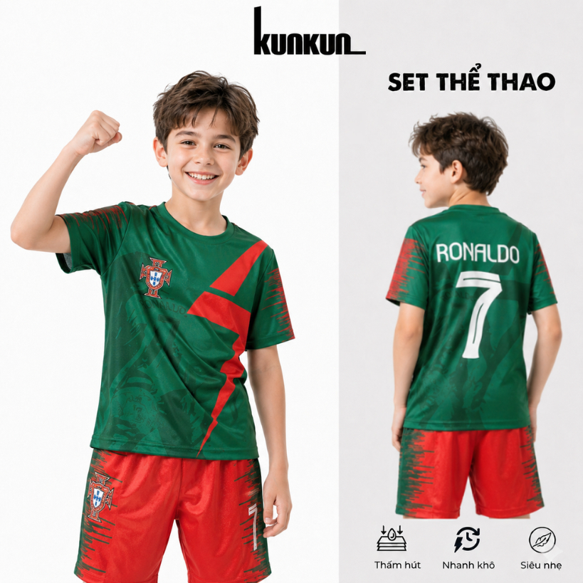 Bộ Quần Áo Bóng Đá Trẻ Em Cầu Thủ Thể Thao Chất Vải Thun Lạnh Thấm Hút Mồ Hôi - KunKun Kids