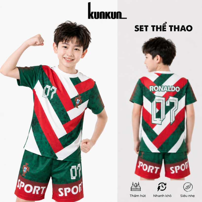 Set Thể Thao Bé Trai KunKun Kids Số 07 Phối Xanh Đỏ Trắng, Bộ Áo Quần Trẻ Em Thoáng Mát Nhanh Khô