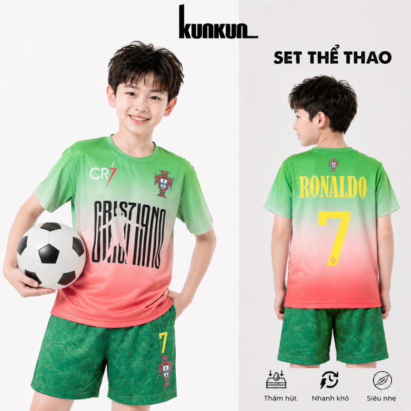 Bộ Quần Áo Bóng Đá Trẻ Em TT0029 KunKun Kids CR7 Nhanh Khô Thoải Mái Mềm Mại, An Toàn Cho Da Bé