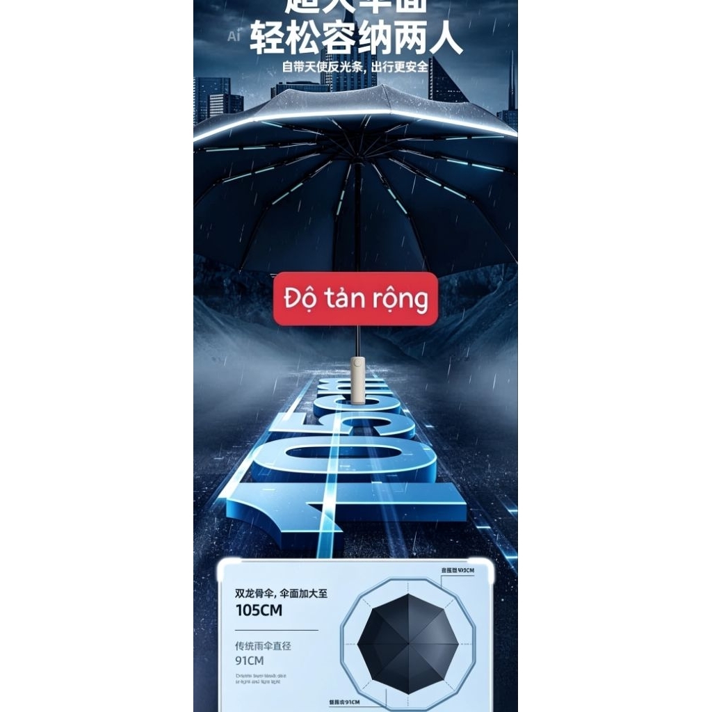 Ô Dù Gấp Ngược Tự Động 60 Nan Kép Thông Minh – Ô Che Mưa Nắng Ô Tô Cao Cấp Chống UV, Có Viền Phản Qu