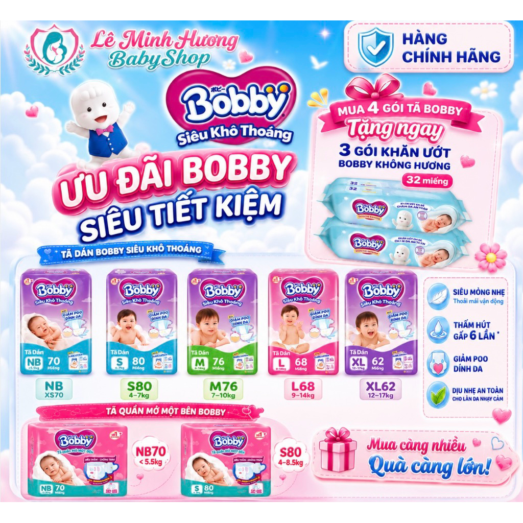 [ COMBO 4BỊCH TẶNG 3G KƯ ]Tã dán Bobby NB70/S80/M76/L68/XL62 , TQMMB NB70/S80 - Lõi nén cotton-soft 