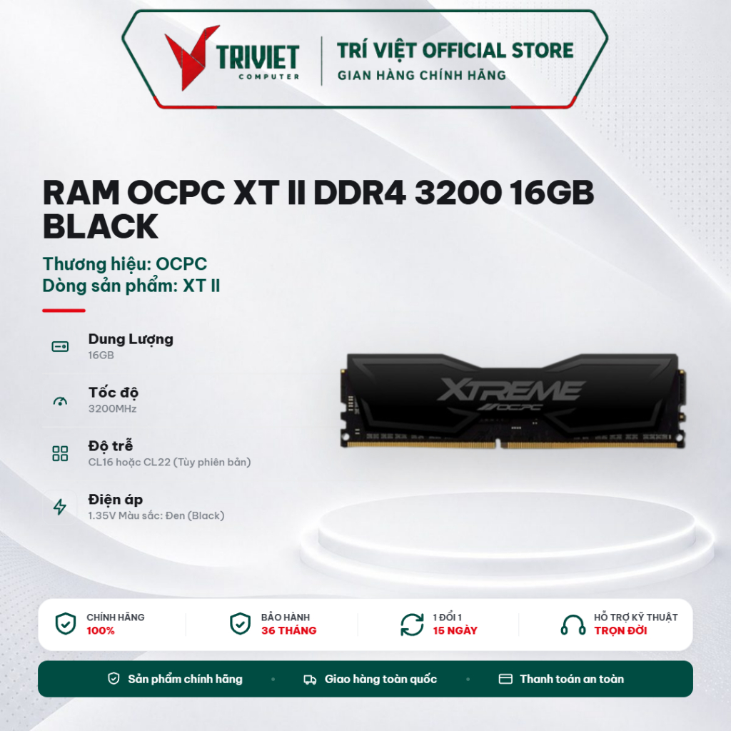 RAM Desktop OCPC XT II 16GB DDR4 3200MHz Black - Tản Nhiệt Nhôm Cao Cấp, Hiệu Năng Mạnh Mẽ, Ổn Định